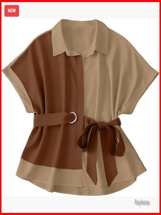 Tops - Color Block Dolman Short Sleeve Tie Knot Blouse